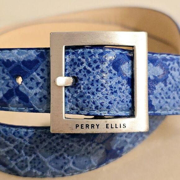 Perry Ellis Snakeskin embossed blue leather belt L - Picture 2 of 7